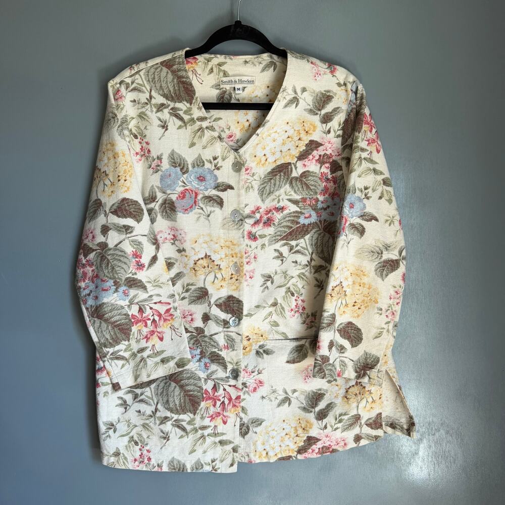 Vintage SMITH & HAWKIN Women's Med Floral Linen Blend Jacket Retro Gardening